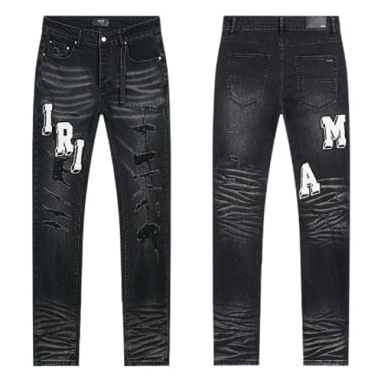 Black Washed Denim Jeans with White AMIRI Letter Patches and Distressing